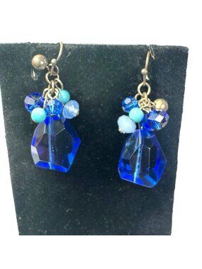 White House Black Market Blue Crystal Drop Earrings Silver Hooks & Beads Boho Ch